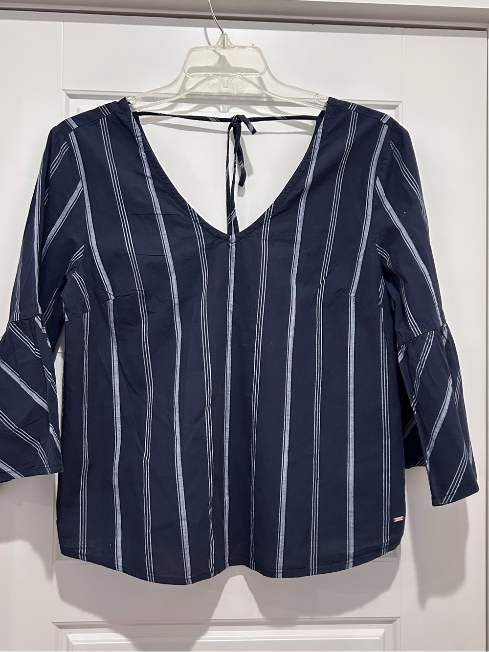 Tommy Hilfiger 100% Cotton Navy and White Vertical-Stripe V-Neck Tie-Back Blouse